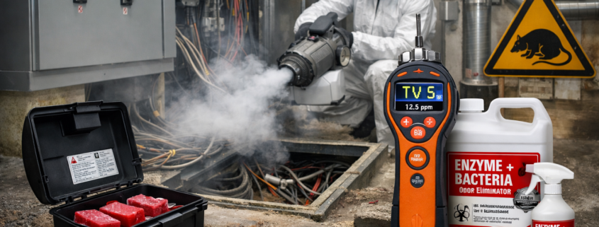 djęcie przedstawia pomiar stężenia lotnych związków organicznych (TVOC) przy rozdzielnicy elektrycznej oraz aplikację preparatu enzymatycznego w kanale kablowym. Przykład sytuacji, w której zapach migruje z szachtów i przestrzeni technicznych, a rozdzielnica pełni rolę „komina zapachowego”.